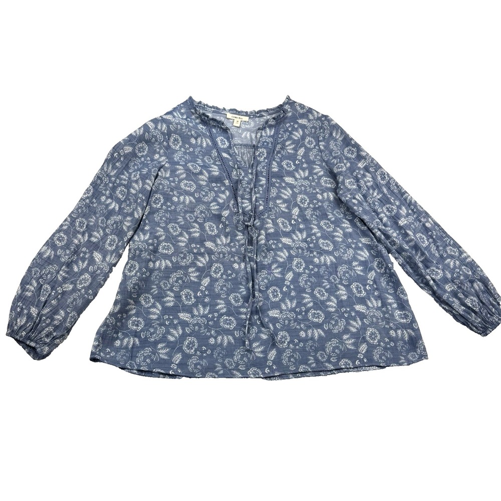 Como Blu Women's Boho Blue /White Floral V-Neck Top Size Medium